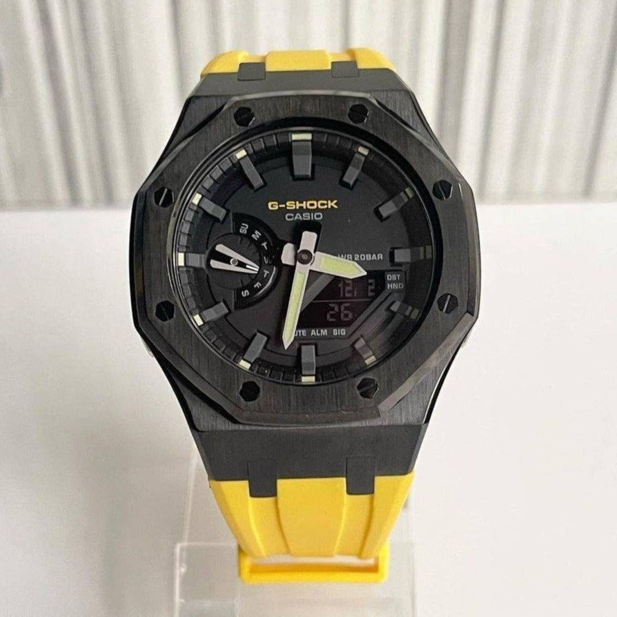 Casioak Mod Watch Silver Case Yellow Rubber Strap Black Gray Time Mark Black Dial 44mm- Casioak Mod Casio G-Shock Royal Oak Custom Mens Luxury Watches Ga2100