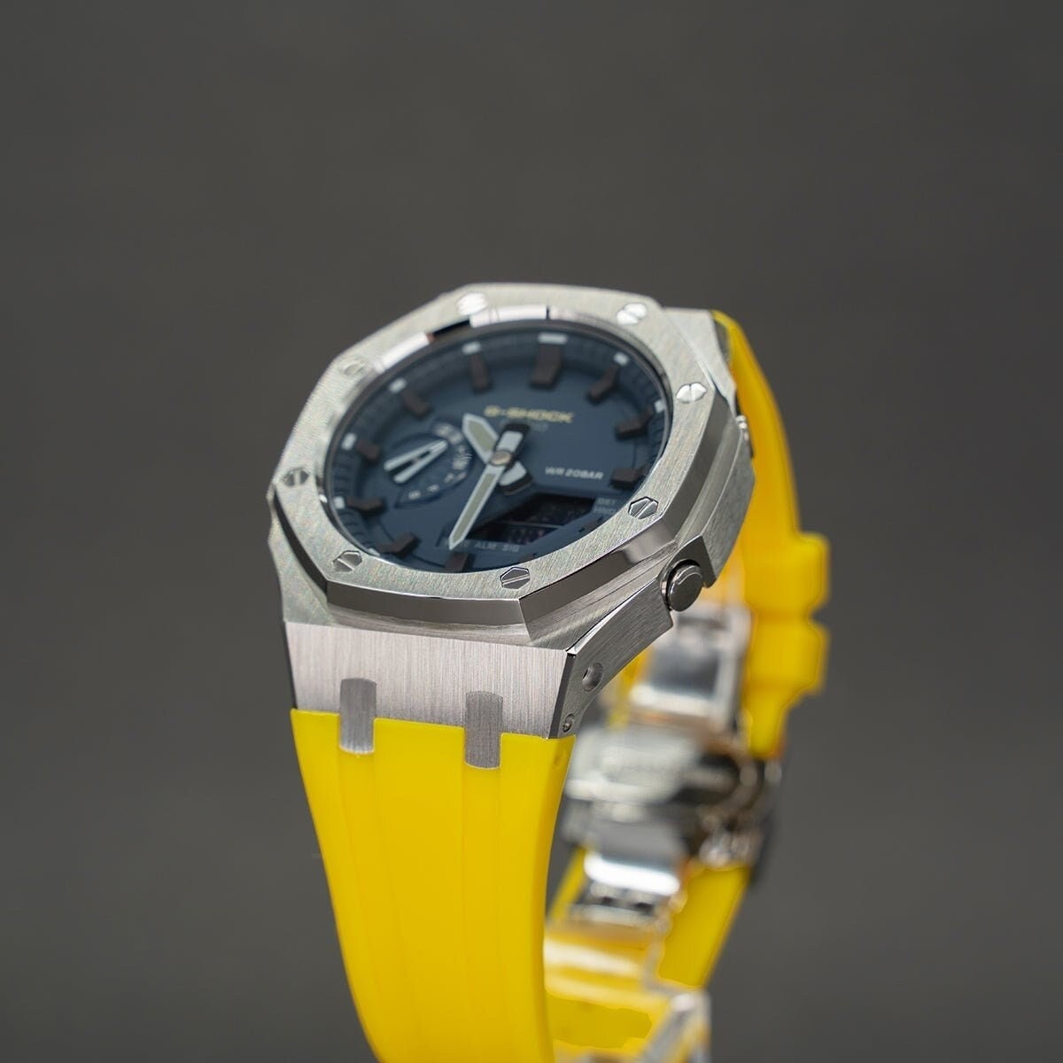 Casioak Mod Watch Silver Case Yellow Rubber Strap Blue Black Time Mark Blue Dial 44mm Gray- Casioak Mod Casio G-Shock Royal Oak Custom Mens Luxury Watches Ga2100