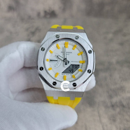 Casioak Mod Watch Silver Case Yellow Rubber Strap White Yellow Time Mark White Dial 42mm- Casioak Mod Casio G-Shock Royal Oak Custom Mens Luxury Watches Ga2100