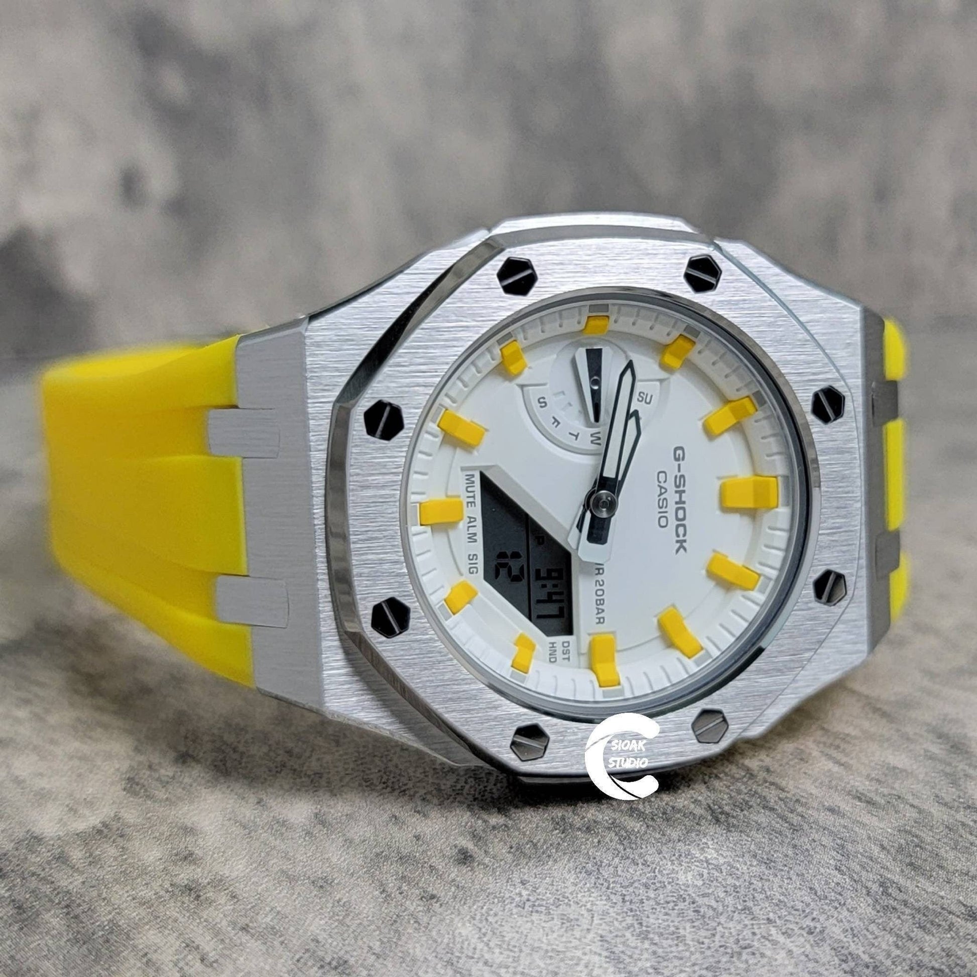 Casioak Mod Watch Silver Case Yellow Rubber Strap White Yellow Time Mark White Dial 42mm- Casioak Mod Casio G-Shock Royal Oak Custom Mens Luxury Watches Ga2100