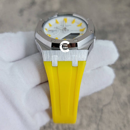 Casioak Mod Watch Silver Case Yellow Rubber Strap White Yellow Time Mark White Dial 42mm- Casioak Mod Casio G-Shock Royal Oak Custom Mens Luxury Watches Ga2100