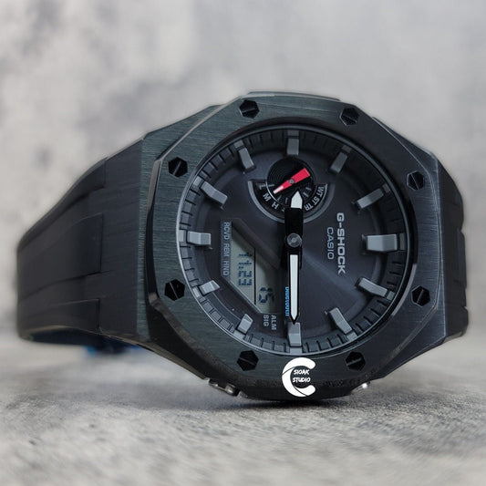 Casioak Mod Watch Solar Bluetooth Black Case Black Rubber Strap Black Gray Time Mark Black Dial 44mm- Casioak Mod Casio G-Shock Royal Oak Custom Mens Luxury Watches Ga2100