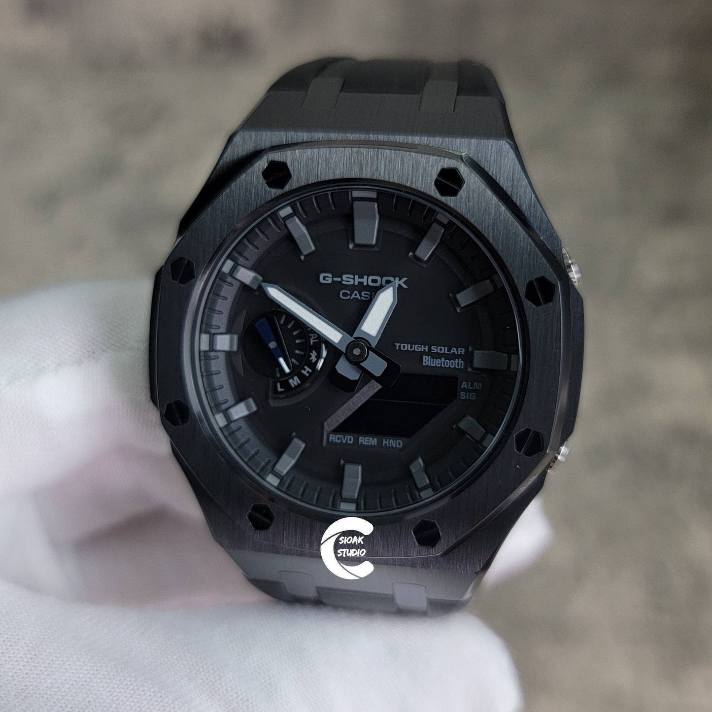 Casioak Mod Watch Solar Bluetooth Black Case Black Rubber Strap Black Gray Time Mark Black Gray Dial 44mm- Casioak Mod Casio G-Shock Royal Oak Custom Mens Luxury Watches Ga2100