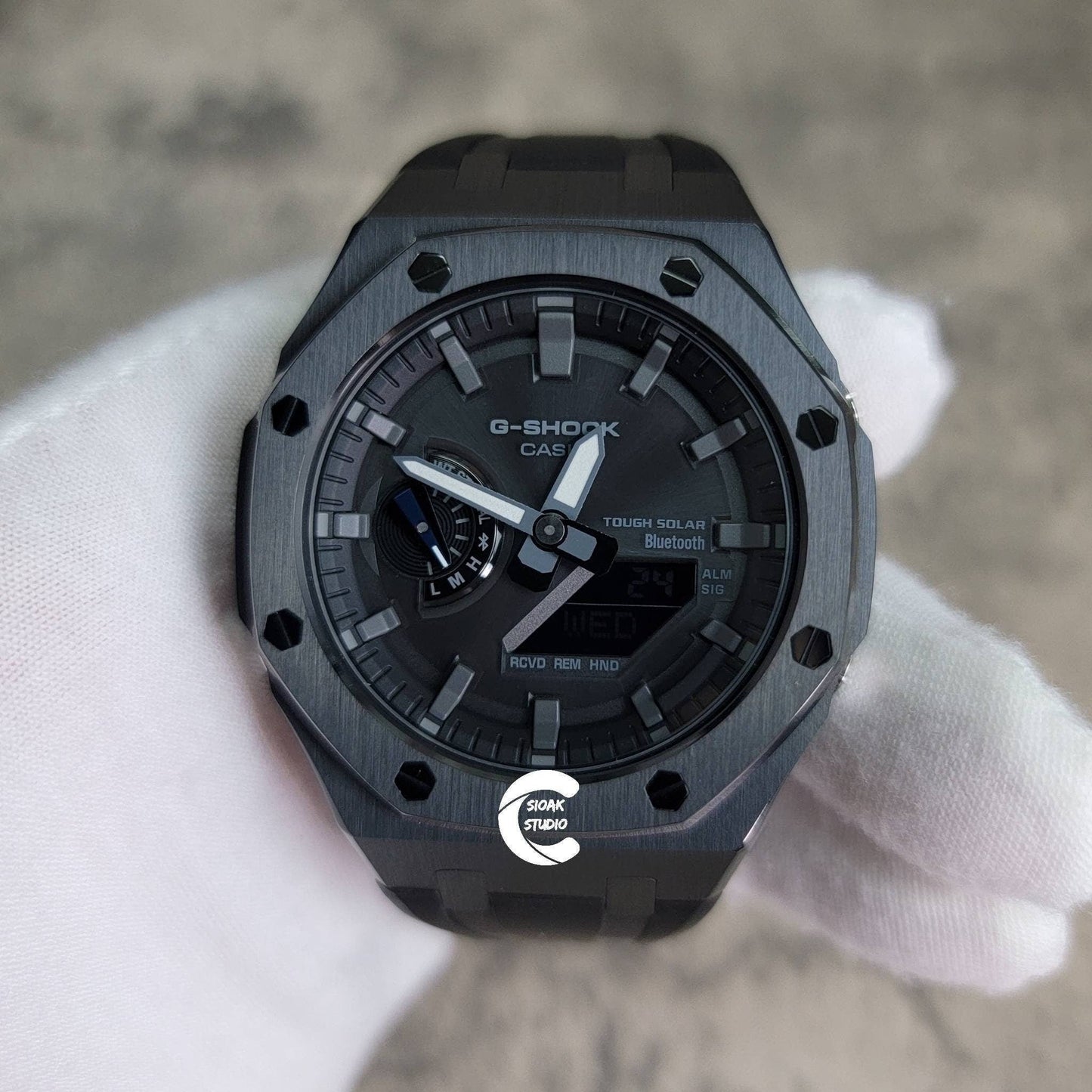 Casioak Mod Watch Solar Bluetooth Black Case Black Rubber Strap Black Gray Time Mark Black Gray Dial 44mm- Casioak Mod Casio G-Shock Royal Oak Custom Mens Luxury Watches Ga2100