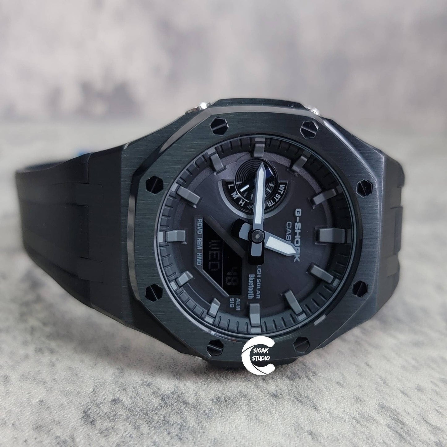 Casioak Mod Watch Solar Bluetooth Black Case Black Rubber Strap Black Gray Time Mark Black Gray Dial 44mm- Casioak Mod Casio G-Shock Royal Oak Custom Mens Luxury Watches Ga2100