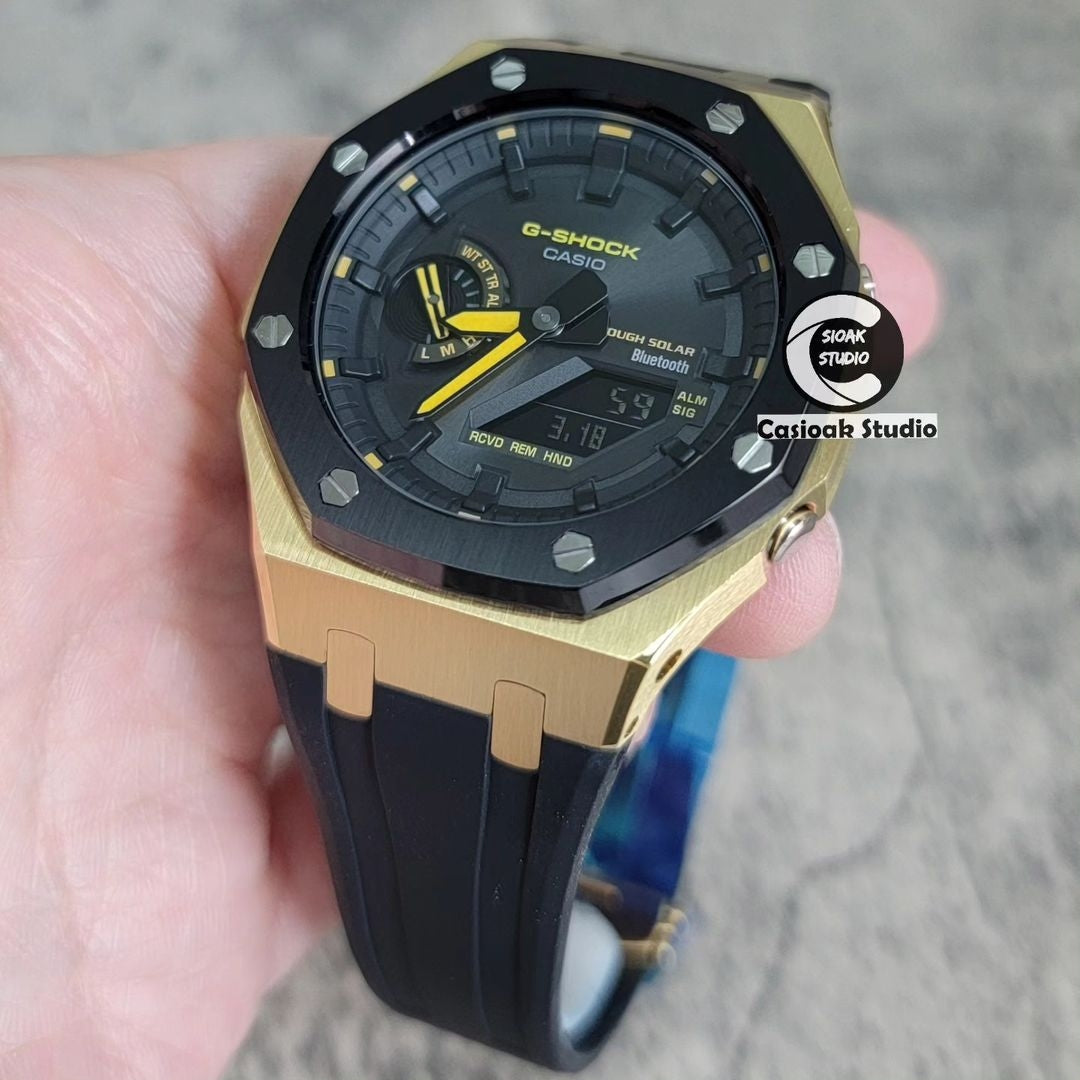 Casioak Mod Watch Solar Bluetooth Black Case Black Rubber Strap Black Time Mark Black Dial 44mm- Casioak Mod Casio G-Shock Royal Oak Custom Mens Luxury Watches Ga2100