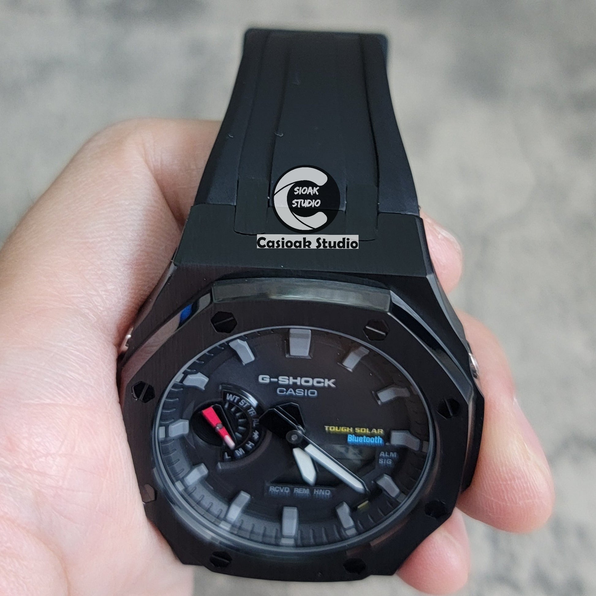 Casioak Mod Watch Solar Bluetooth Black Case Black Rubber Strap Black Time Mark Black Dial 44mm- Casioak Mod Casio G-Shock Royal Oak Custom Mens Luxury Watches Ga2100