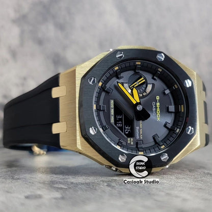 Casioak Mod Watch Solar Bluetooth Black Case Black Rubber Strap Black Time Mark Black Dial 44mm- Casioak Mod Casio G-Shock Royal Oak Custom Mens Luxury Watches Ga2100