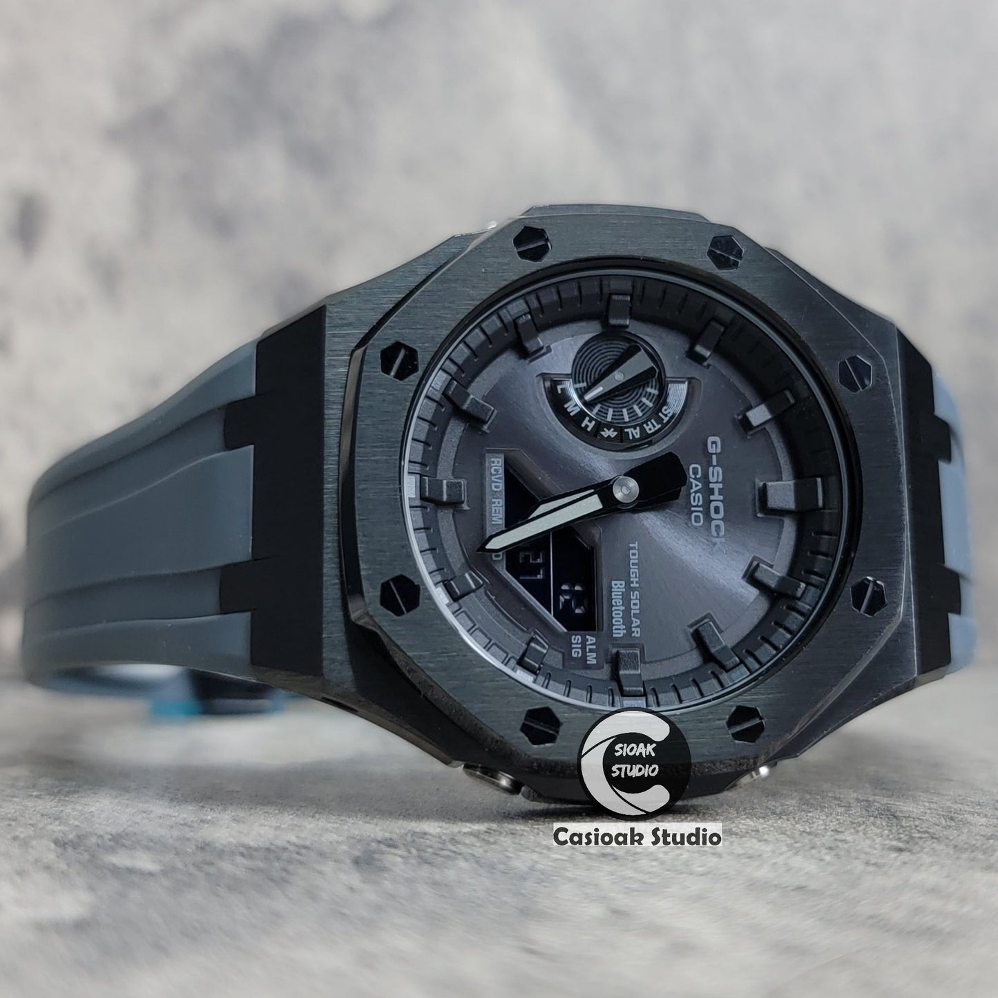 Casioak Mod Watch Solar Bluetooth Black Case Gray Rubber Strap Black Time Mark Black Dial 44mm- Casioak Mod Casio G-Shock Royal Oak Custom Mens Luxury Watches Ga2100