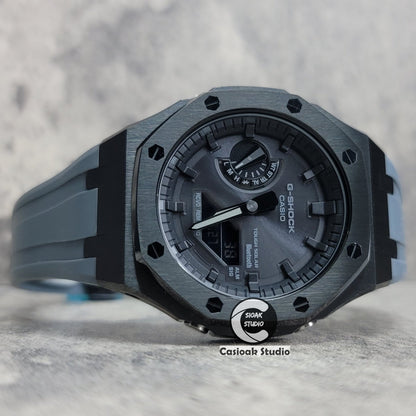 Casioak Mod Watch Solar Bluetooth Black Case Gray Rubber Strap Black Time Mark Black Dial 44mm- Casioak Mod Casio G-Shock Royal Oak Custom Mens Luxury Watches Ga2100