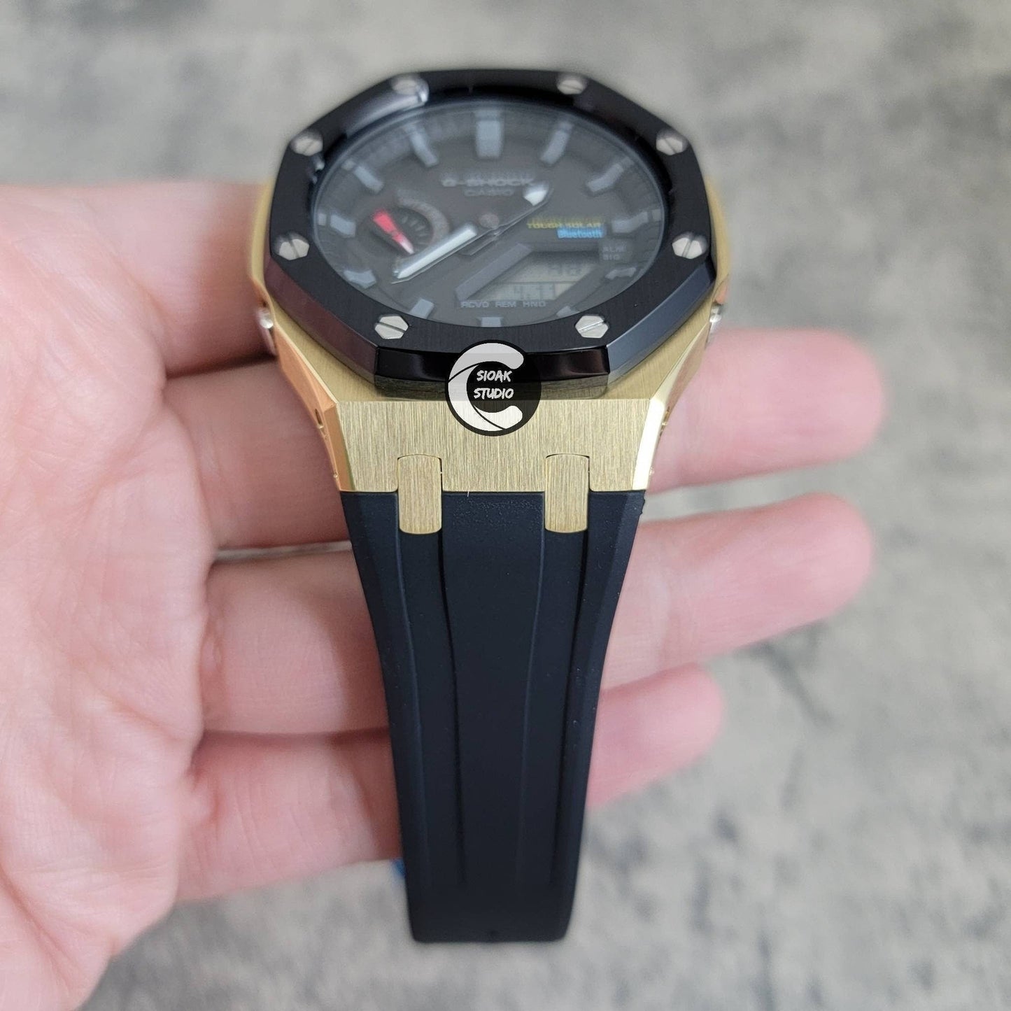 Casioak Mod Watch Solar Bluetooth Black Gold Case Black Rubber Strap Black Gray Time Mark Black Dial 44mm- Casioak Mod Casio G-Shock Royal Oak Custom Mens Luxury Watches Ga2100