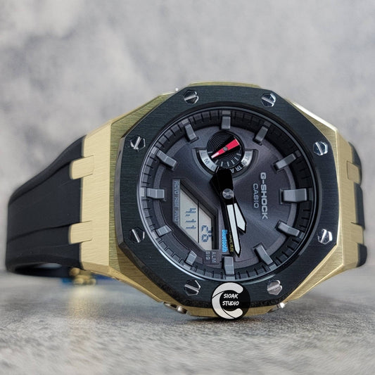 Casioak Mod Watch Solar Bluetooth Black Gold Case Black Rubber Strap Black Gray Time Mark Black Dial 44mm- Casioak Mod Casio G-Shock Royal Oak Custom Mens Luxury Watches Ga2100