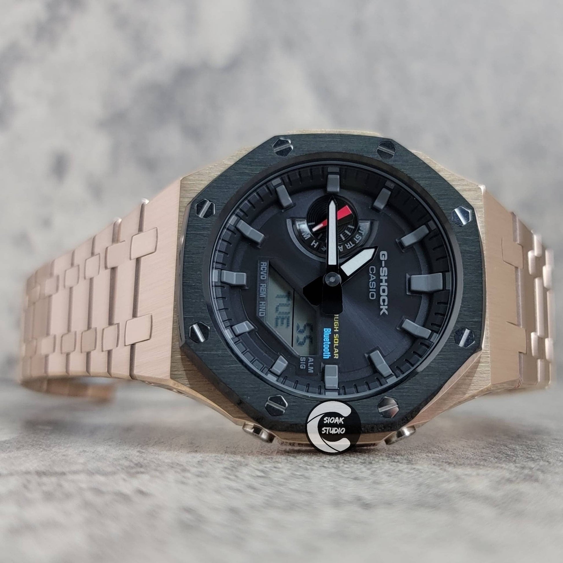 Casioak Mod Watch Solar Bluetooth Black Rose Gold Case Metal Strap Black Gray Time Mark Black Dial 44mm- Casioak Mod Casio G-Shock Royal Oak Custom Mens Luxury Watches Ga2100