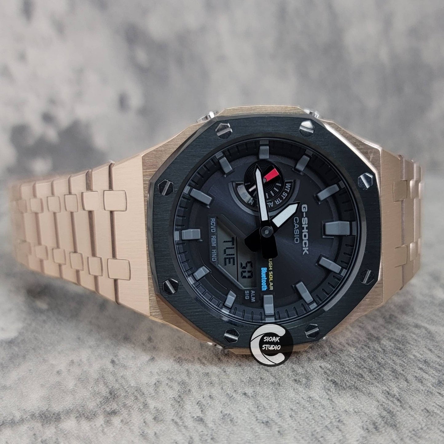 Casioak Mod Watch Solar Bluetooth Black Rose Gold Case Metal Strap Black Gray Time Mark Black Dial 44mm- Casioak Mod Casio G-Shock Royal Oak Custom Mens Luxury Watches Ga2100