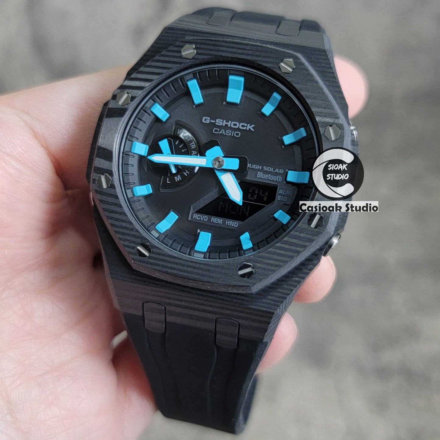 Casioak Mod Watch Solar Bluetooth Carbon Fiber Case Black Strap Black Tiff Time Mark Black Dial 44mm- Casioak Mod Casio G-Shock Royal Oak Custom Mens Luxury Watches Ga2100