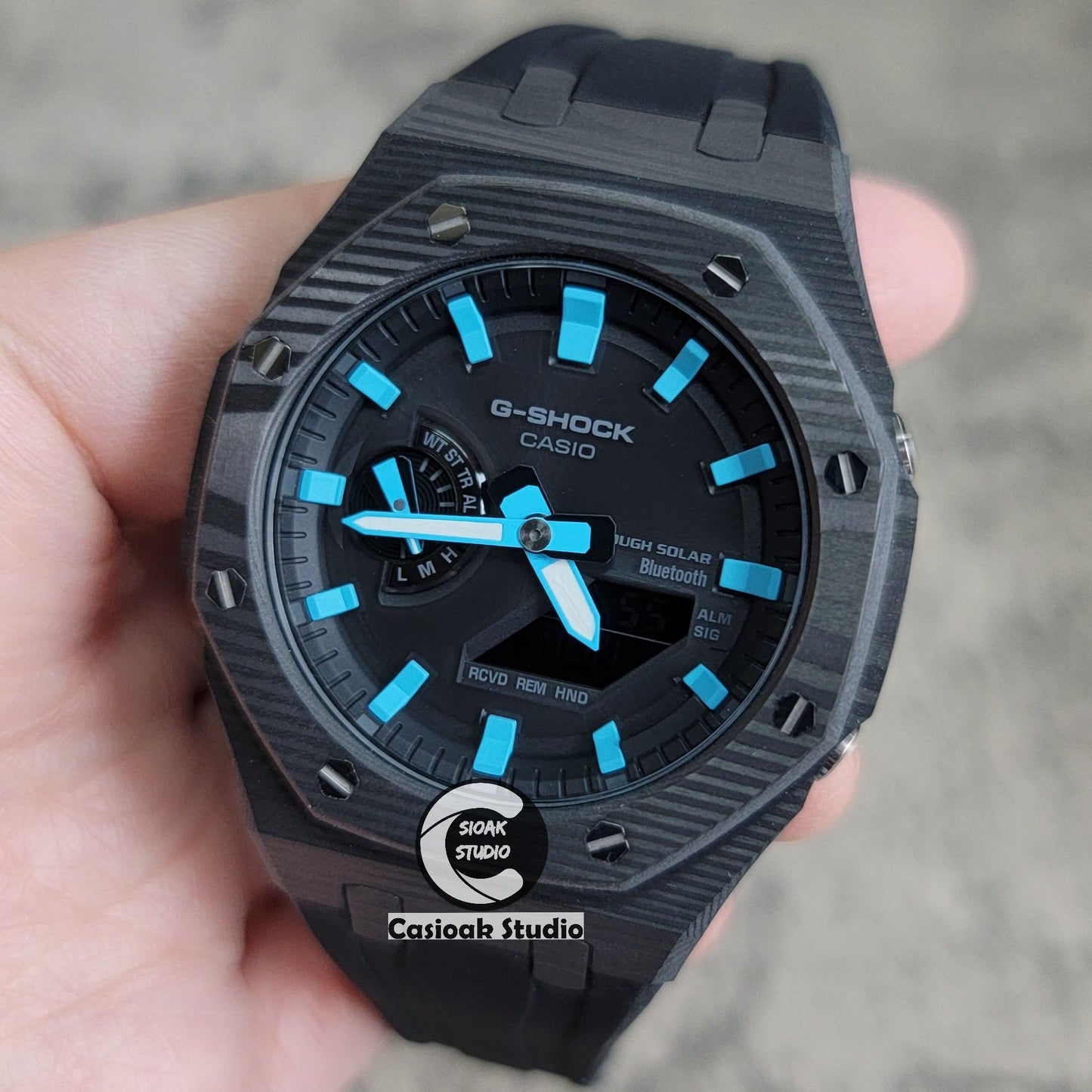 Casioak Mod Watch Solar Bluetooth Carbon Fiber Case Black Strap Black Tiff Time Mark Black Dial 44mm- Casioak Mod Casio G-Shock Royal Oak Custom Mens Luxury Watches Ga2100