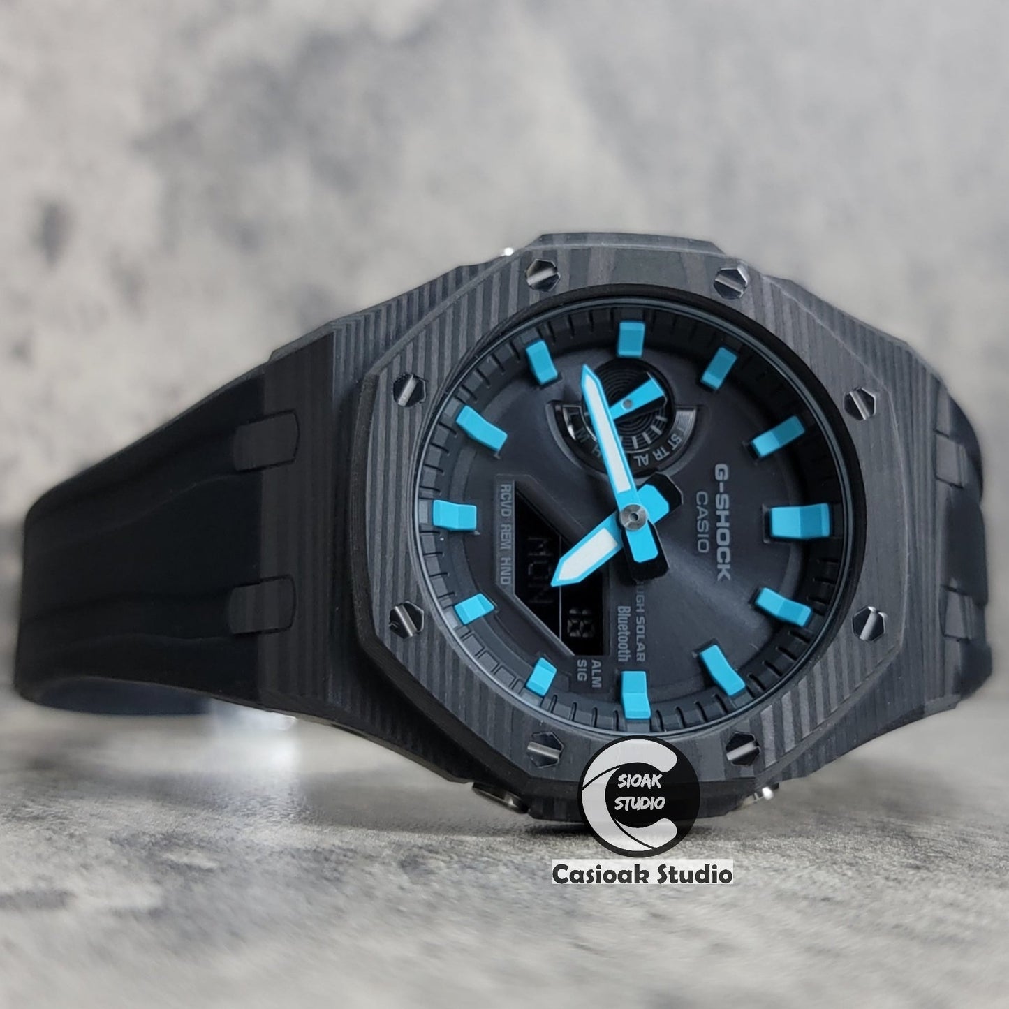 Casioak Mod Watch Solar Bluetooth Carbon Fiber Case Black Strap Black Tiff Time Mark Black Dial 44mm- Casioak Mod Casio G-Shock Royal Oak Custom Mens Luxury Watches Ga2100