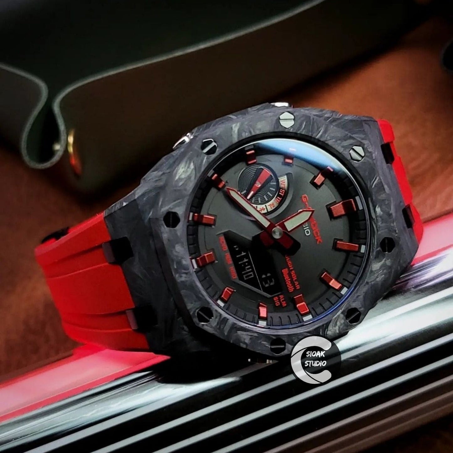 Casioak Mod Watch Solar Bluetooth Carbon Fiber Offshore Superior Black Case Red Strap Black Red Time Mark Black Dial 44mm- Casioak Mod Casio G-Shock Royal Oak Custom Mens Luxury Watches Ga2100