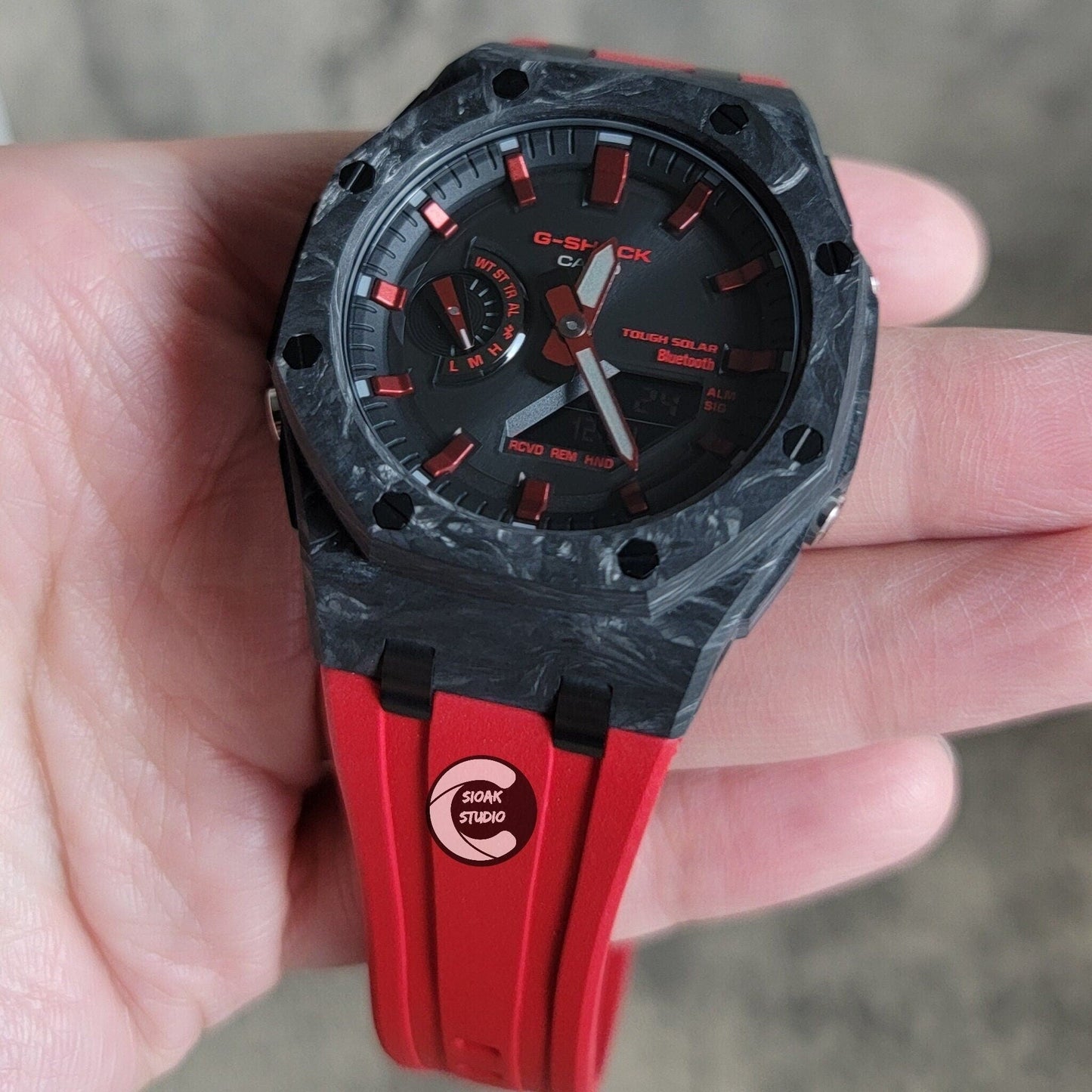 Casioak Mod Watch Solar Bluetooth Carbon Fiber Offshore Superior Black Case Red Strap Black Red Time Mark Black Dial 44mm- Casioak Mod Casio G-Shock Royal Oak Custom Mens Luxury Watches Ga2100