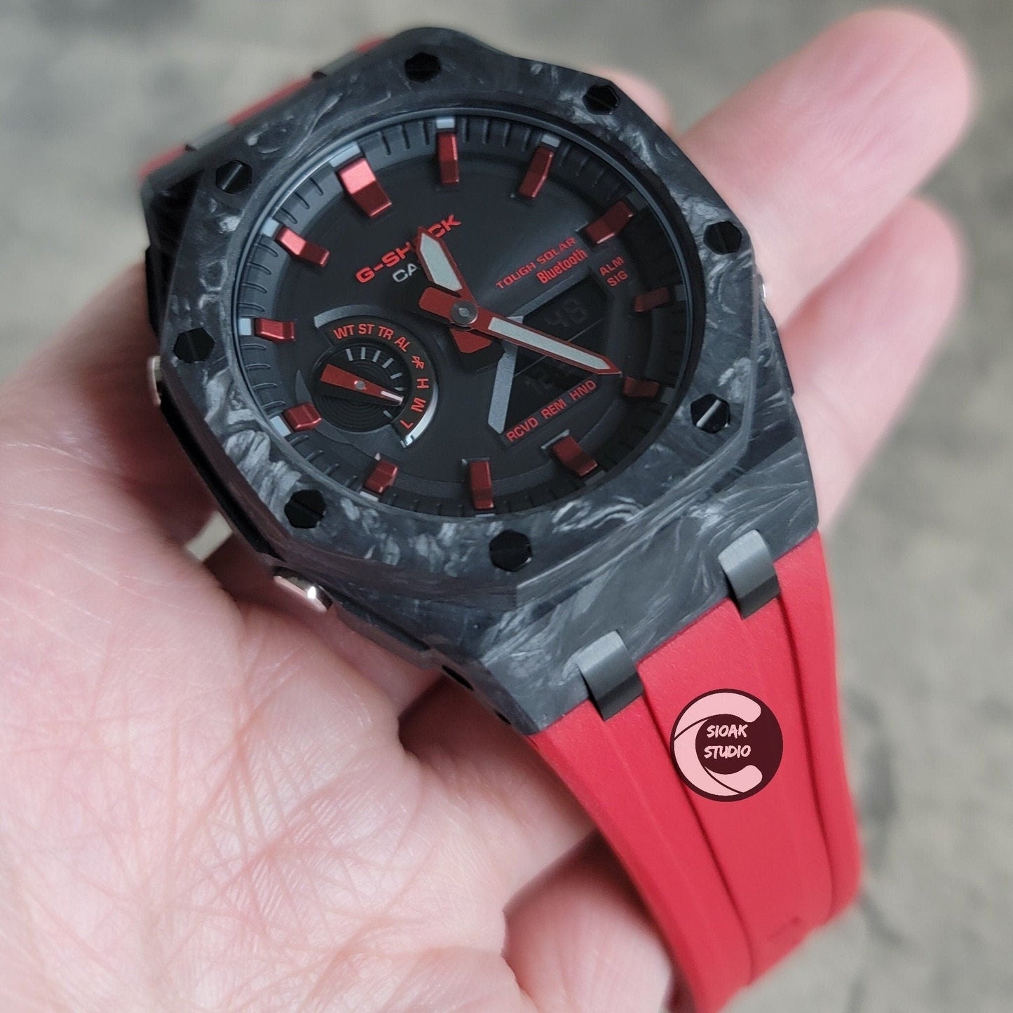 Casioak Mod Watch Solar Bluetooth Carbon Fiber Offshore Superior Black Case Red Strap Black Red Time Mark Black Dial 44mm- Casioak Mod Casio G-Shock Royal Oak Custom Mens Luxury Watches Ga2100