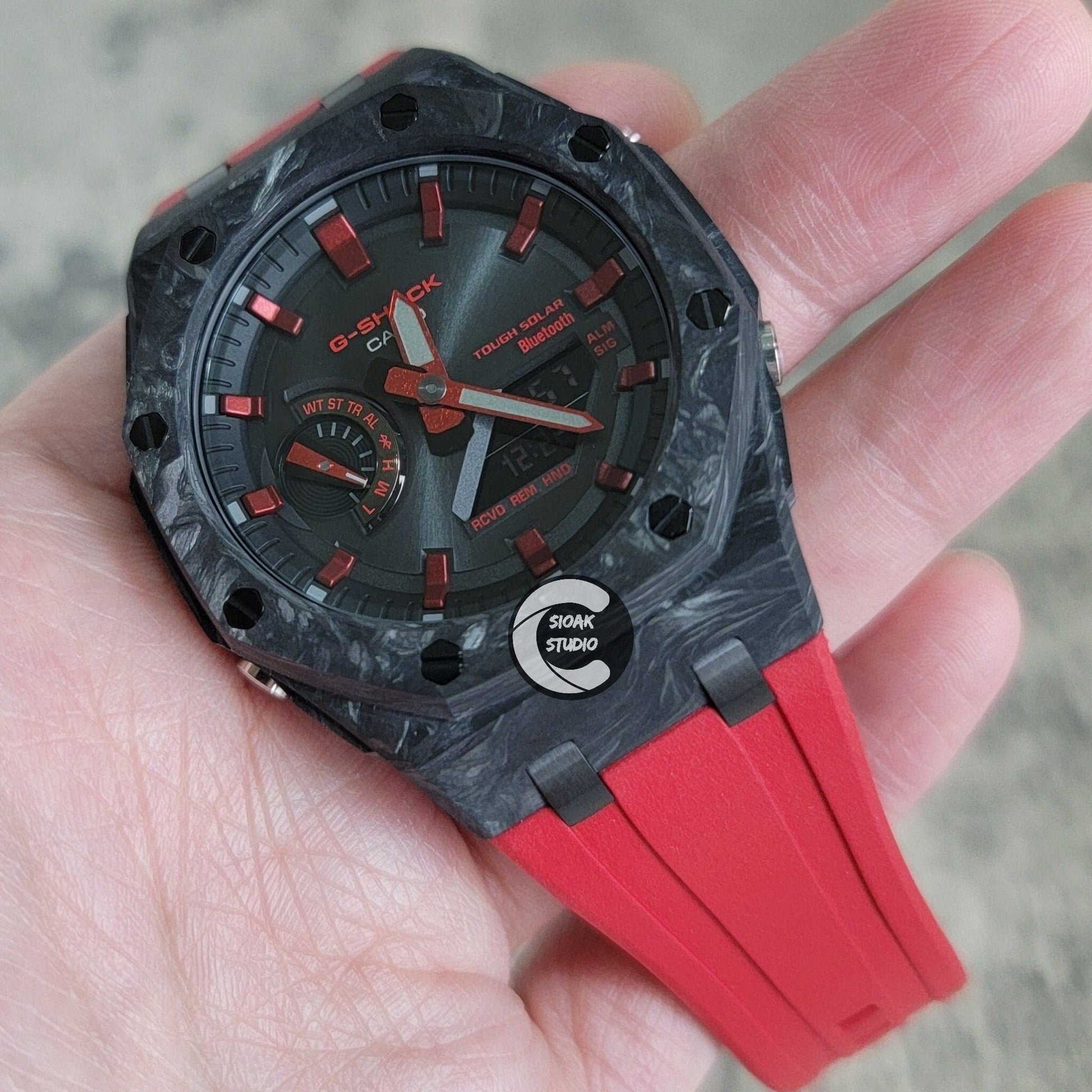 Casioak Mod Watch Solar Bluetooth Carbon Fiber Offshore Superior Black Case Red Strap Black Red Time Mark Black Dial 44mm- Casioak Mod Casio G-Shock Royal Oak Custom Mens Luxury Watches Ga2100