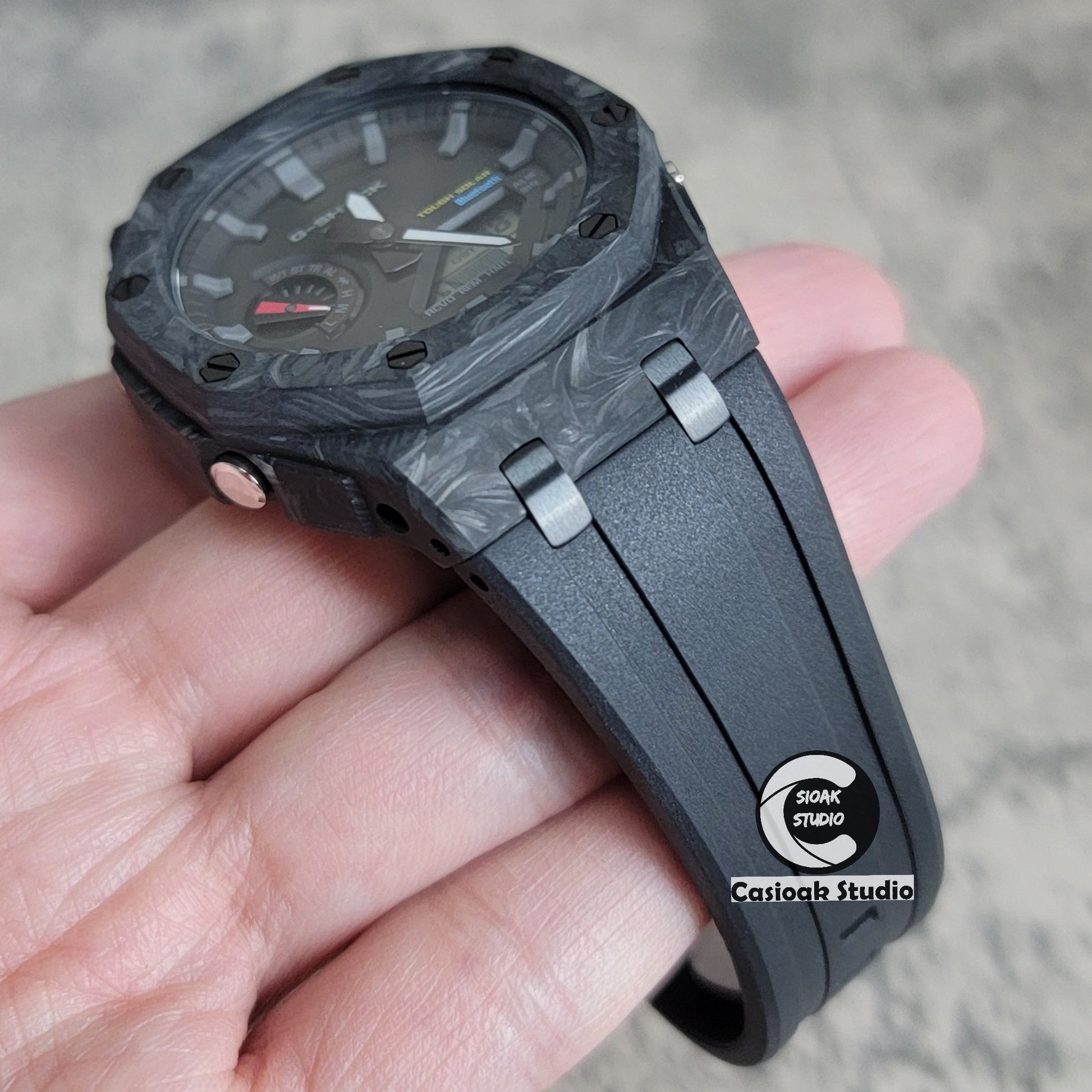 Casioak Mod Watch Solar Bluetooth Carbon Fiber Superior Black Case Black Strap Black Gray Time Mark Black Dial 44mm- Casioak Mod Casio G-Shock Royal Oak Custom Mens Luxury Watches Ga2100