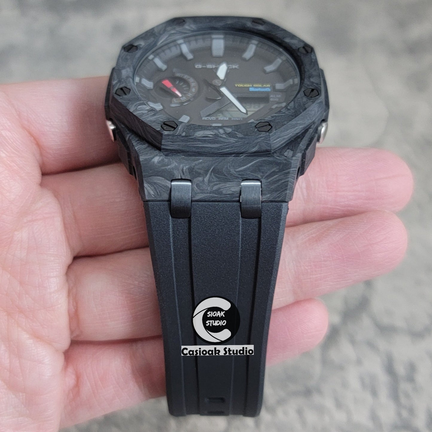 Casioak Mod Watch Solar Bluetooth Carbon Fiber Superior Black Case Black Strap Black Gray Time Mark Black Dial 44mm- Casioak Mod Casio G-Shock Royal Oak Custom Mens Luxury Watches Ga2100