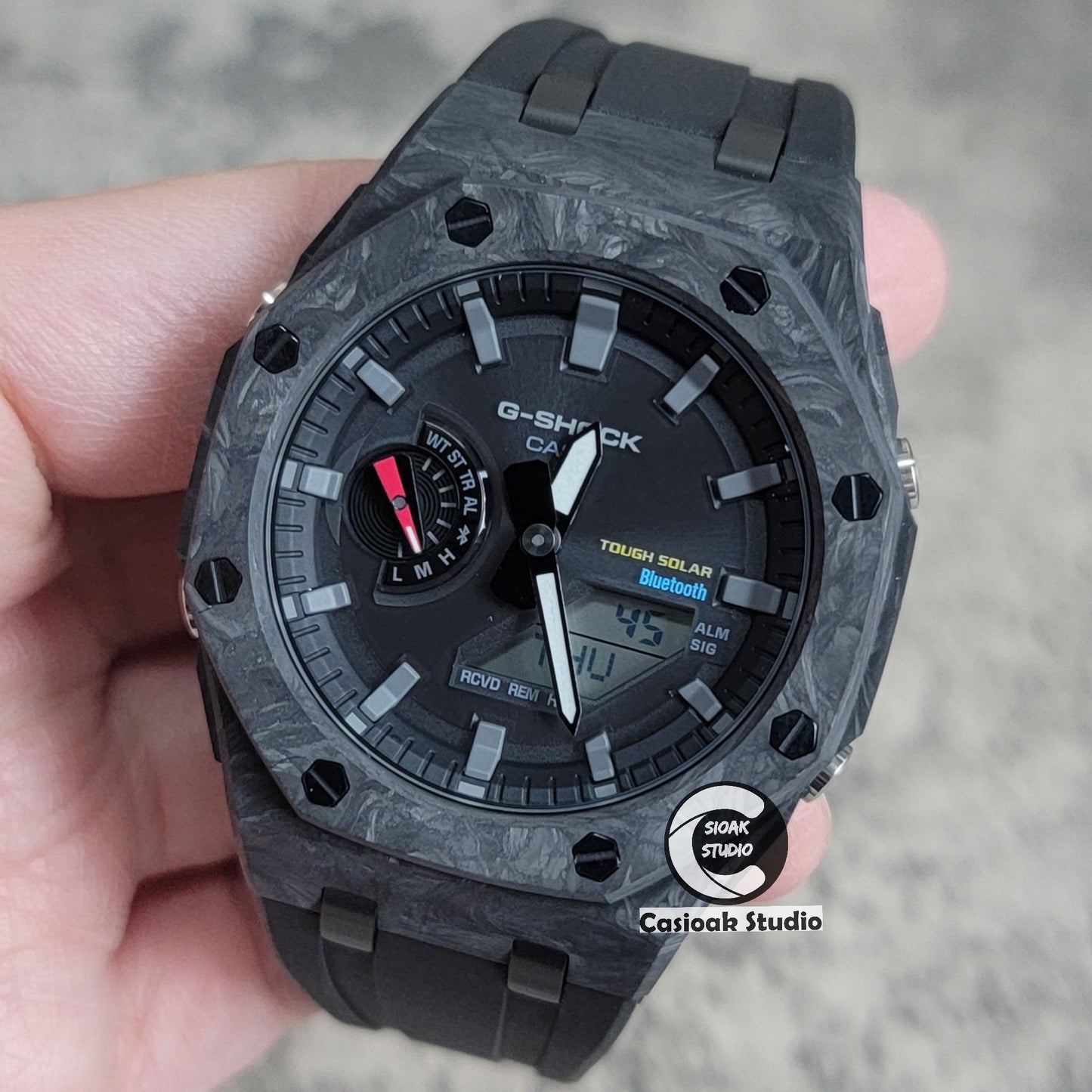 Casioak Mod Watch Solar Bluetooth Carbon Fiber Superior Black Case Black Strap Black Gray Time Mark Black Dial 44mm- Casioak Mod Casio G-Shock Royal Oak Custom Mens Luxury Watches Ga2100