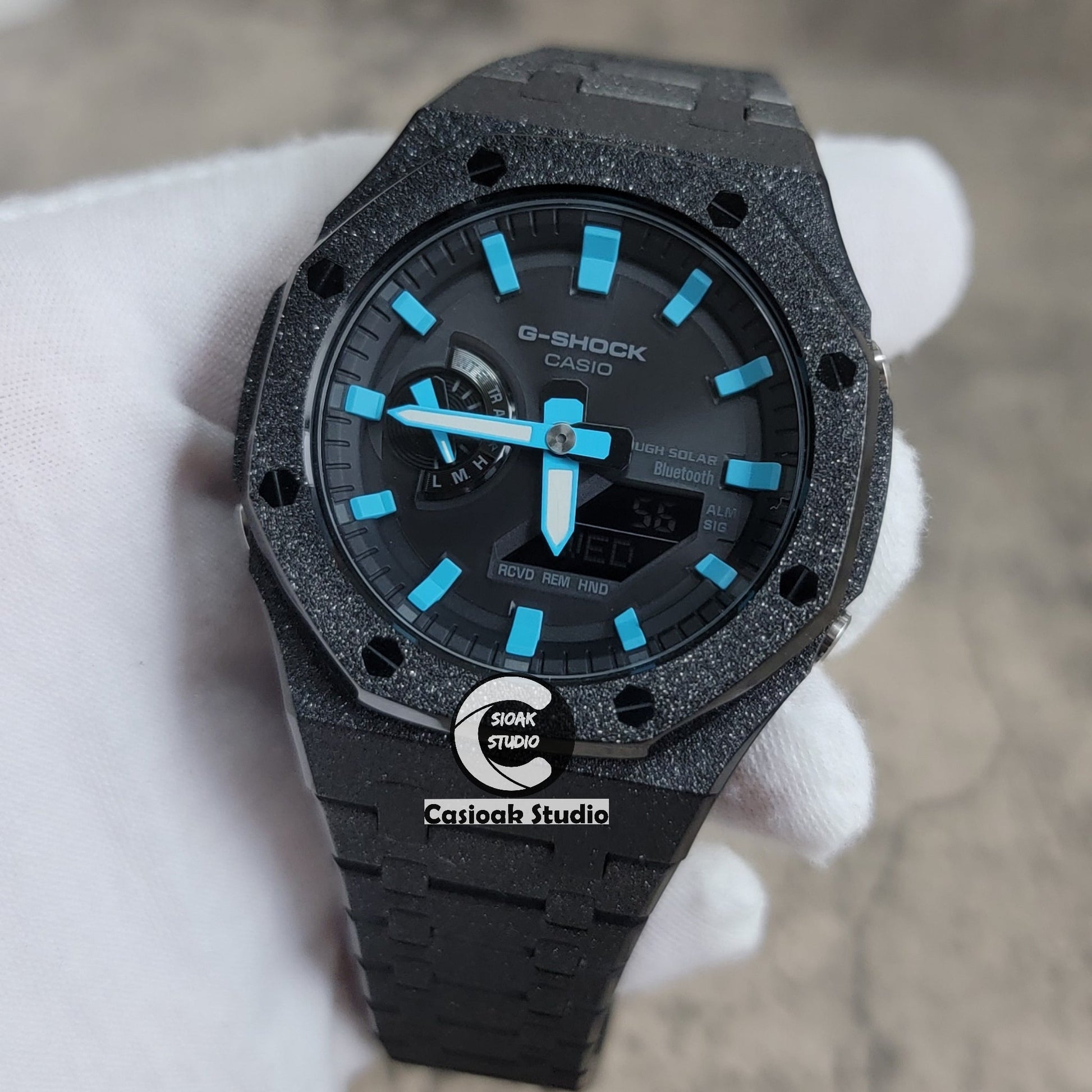 Casioak Mod Watch Solar Bluetooth Frosted Black Case Metal Strap Black Blue Time Mark Black Dial 44mm- Casioak Mod Casio G-Shock Royal Oak Custom Mens Luxury Watches Ga2100