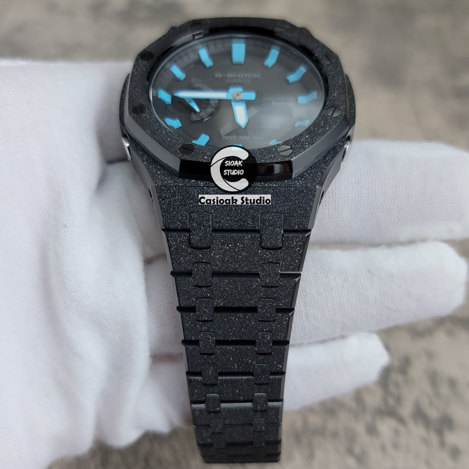 Casioak Mod Watch Solar Bluetooth Frosted Black Case Metal Strap Black Blue Time Mark Black Dial 44mm- Casioak Mod Casio G-Shock Royal Oak Custom Mens Luxury Watches Ga2100