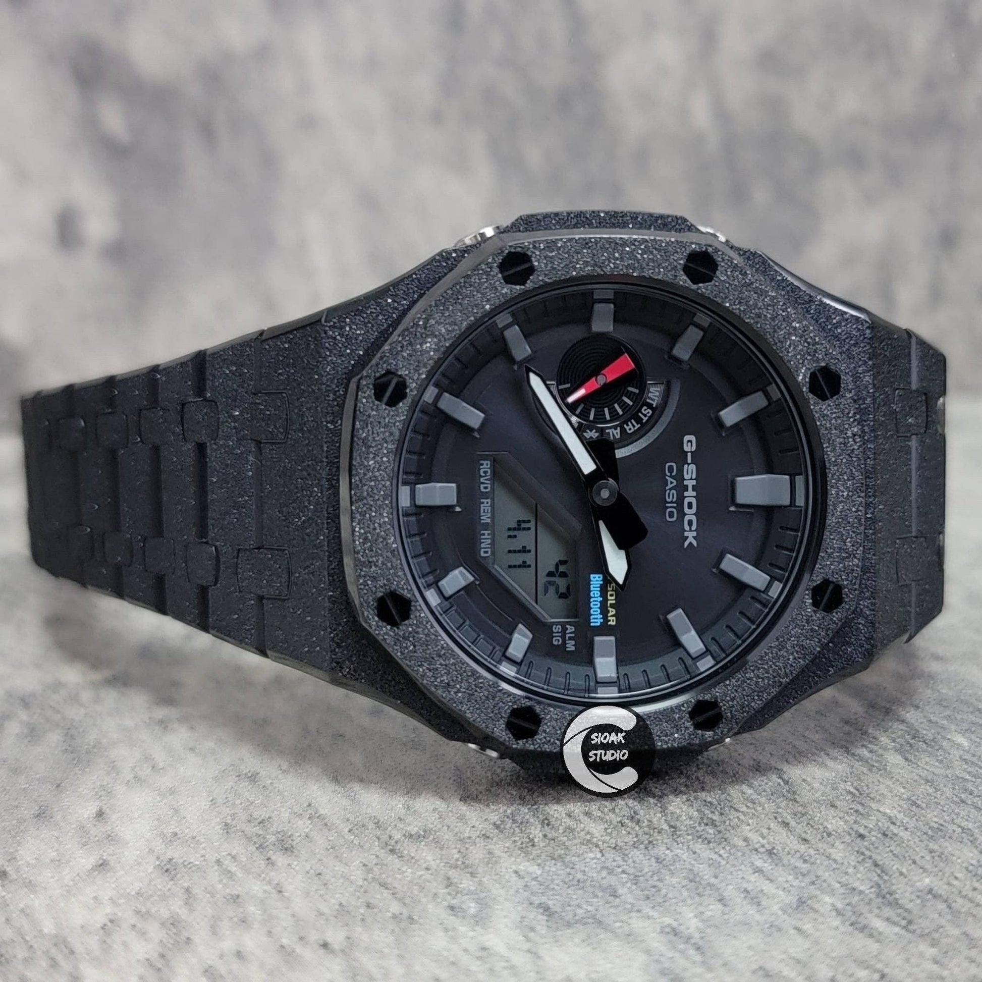 Casioak Mod Watch Solar Bluetooth Frosted Black Case Metal Strap Black Gray Time Mark Black Dial 44mm- Casioak Mod Casio G-Shock Royal Oak Custom Mens Luxury Watches Ga2100