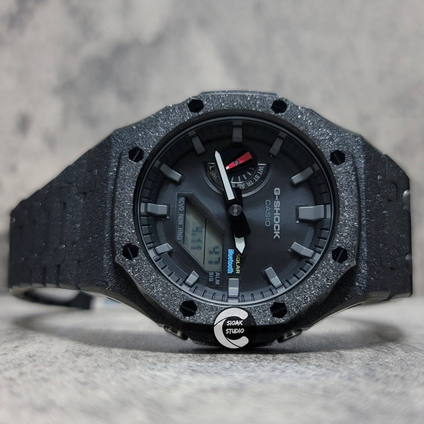 Casioak Mod Watch Solar Bluetooth Frosted Black Case Metal Strap Black Gray Time Mark Black Dial 44mm- Casioak Mod Casio G-Shock Royal Oak Custom Mens Luxury Watches Ga2100