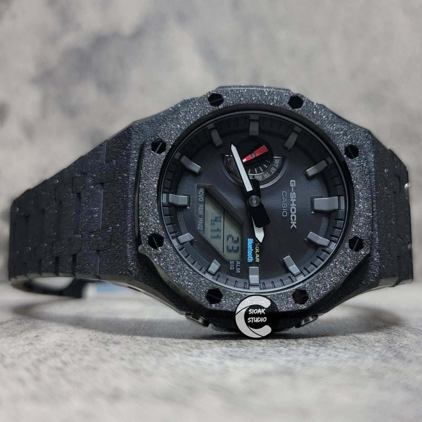 Casioak Mod Watch Solar Bluetooth Frosted Black Case Metal Strap Black Gray Time Mark Black Dial 44mm- Casioak Mod Casio G-Shock Royal Oak Custom Mens Luxury Watches Ga2100