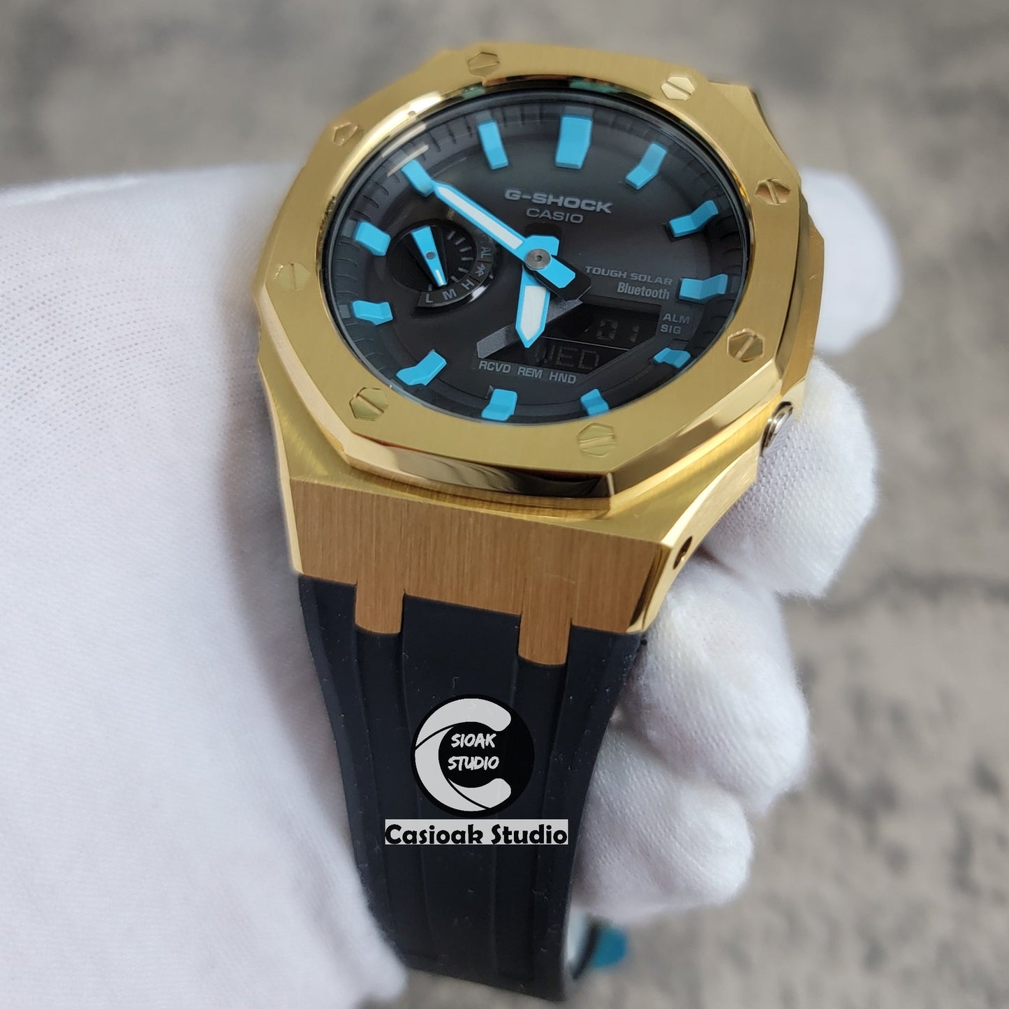 Casioak Mod Watch Solar Bluetooth Gold Case Black Rubber Strap Black Tiff Time Mark Black Dial 44mm- Casioak Mod Casio G-Shock Royal Oak Custom Mens Luxury Watches Ga2100