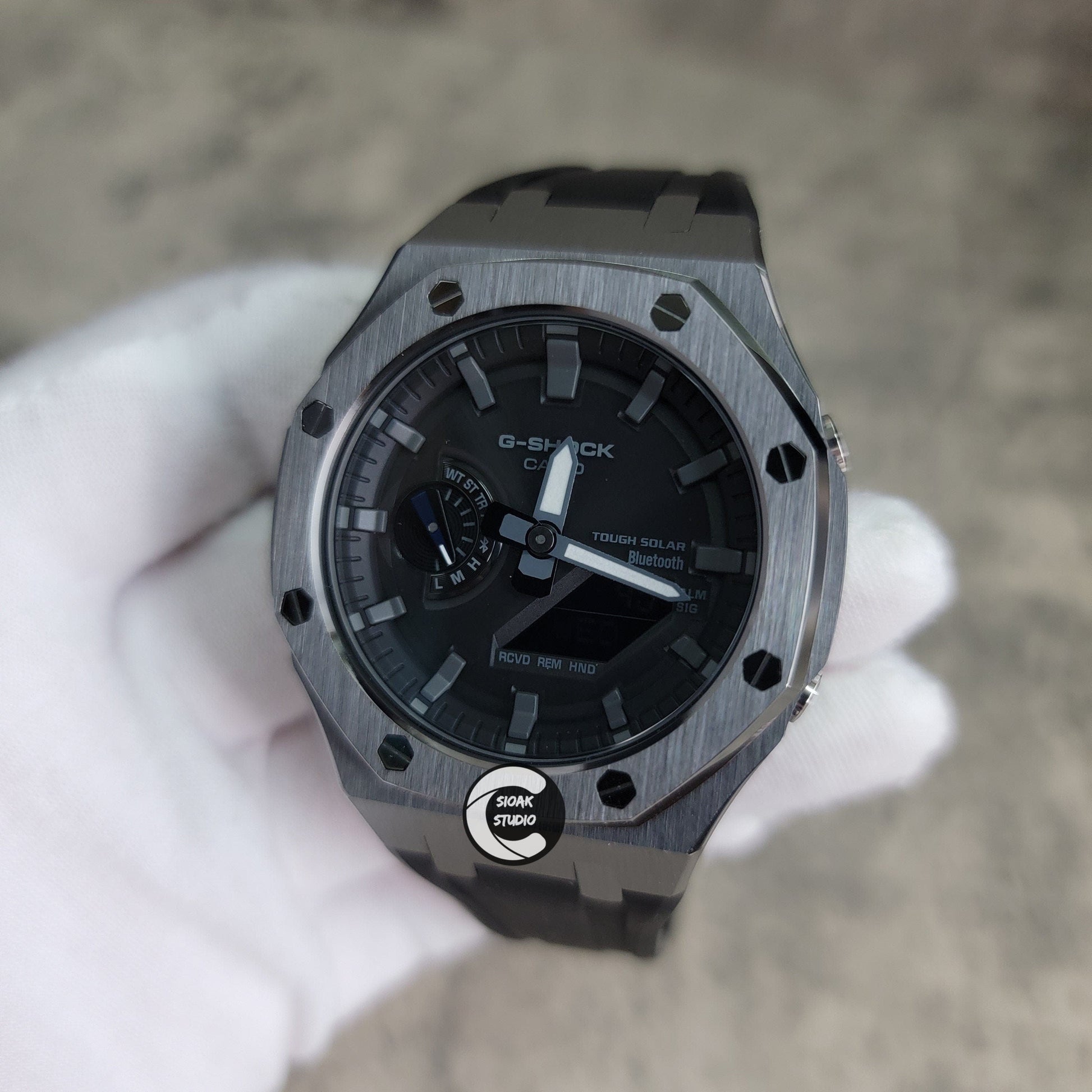 Casioak Mod Watch Solar Bluetooth Gray Case Black Rubber Strap Black Gray Time Mark Black Dial 44mm- Casioak Mod Casio G-Shock Royal Oak Custom Mens Luxury Watches Ga2100