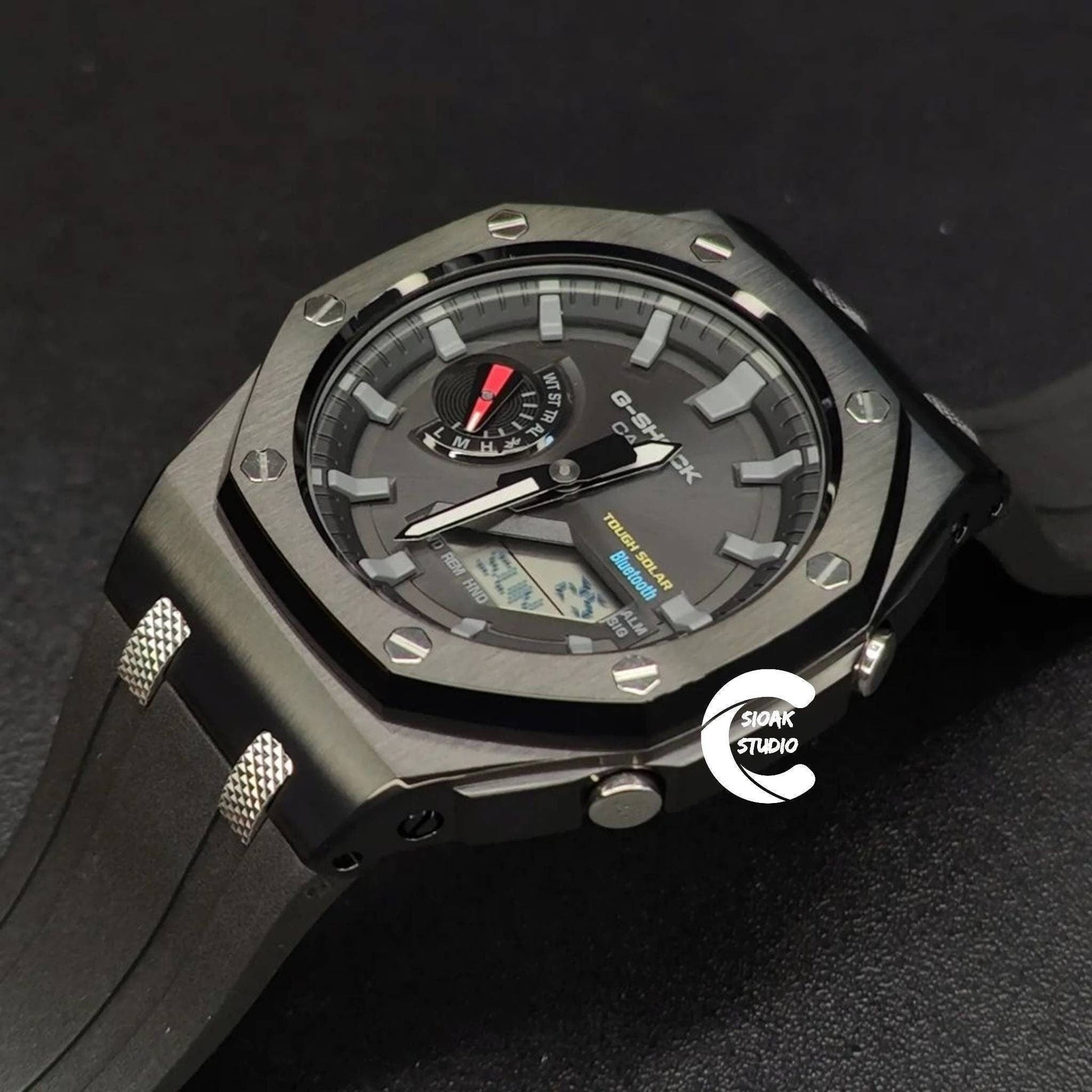 Casioak Mod Watch Solar Bluetooth Offshore Superior Black Case Black Rubber Strap Black Gray Time Mark Black Dial 44mm- Casioak Mod Casio G-Shock Royal Oak Custom Mens Luxury Watches Ga2100