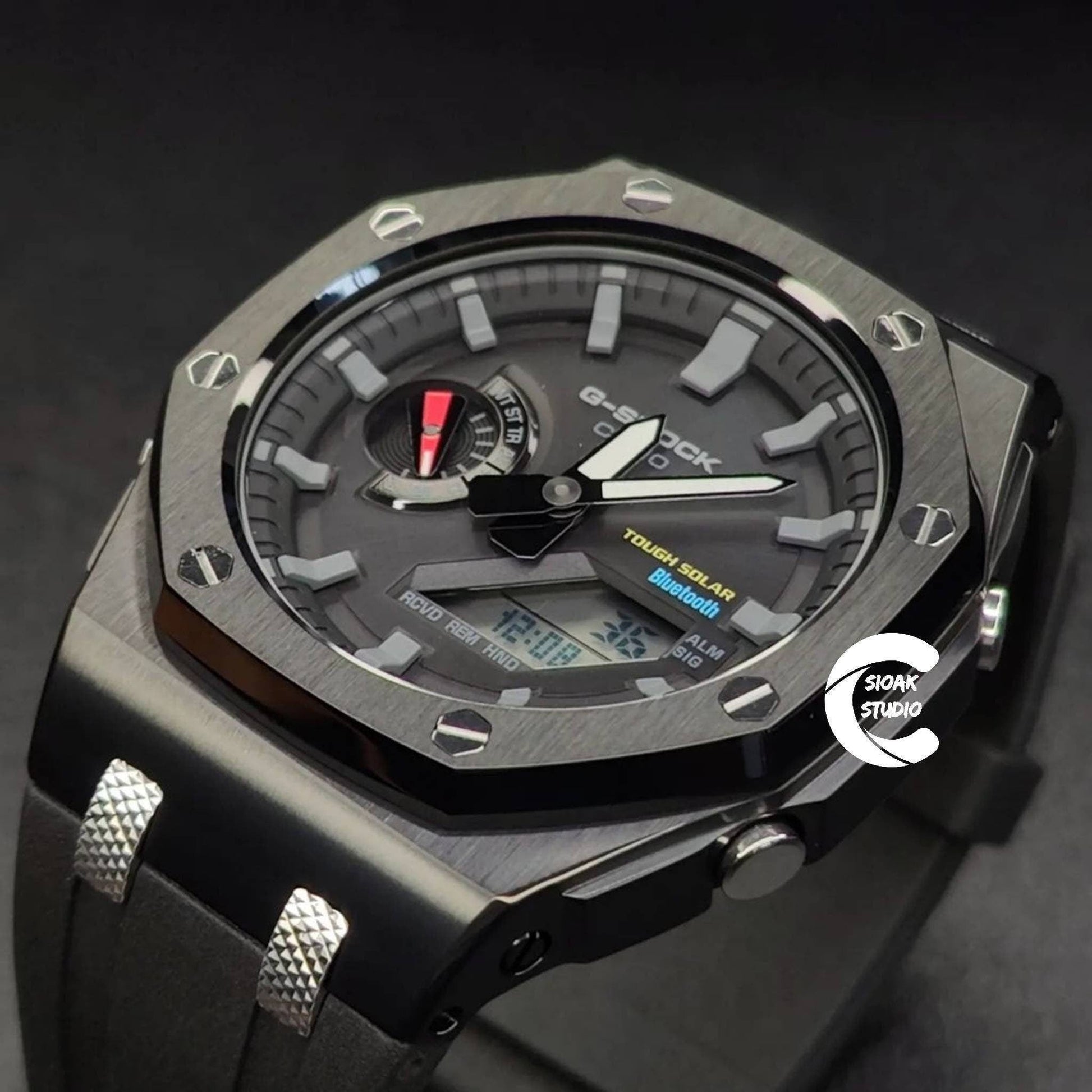 Casioak Mod Watch Solar Bluetooth Offshore Superior Black Case Black Rubber Strap Black Gray Time Mark Black Dial 44mm- Casioak Mod Casio G-Shock Royal Oak Custom Mens Luxury Watches Ga2100