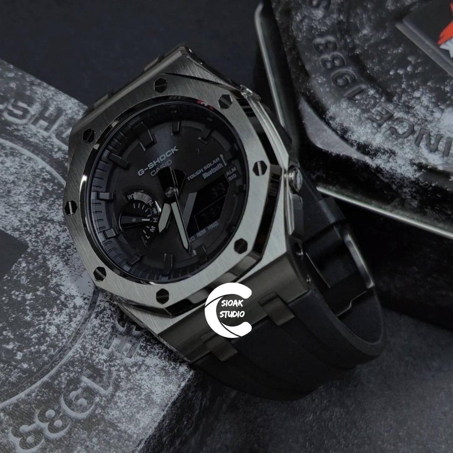 Casioak Mod Watch Solar Bluetooth Offshore Superior Black Case Black Rubber Strap Black Time Mark Black Dial 44mm- Casioak Mod Casio G-Shock Royal Oak Custom Mens Luxury Watches Ga2100