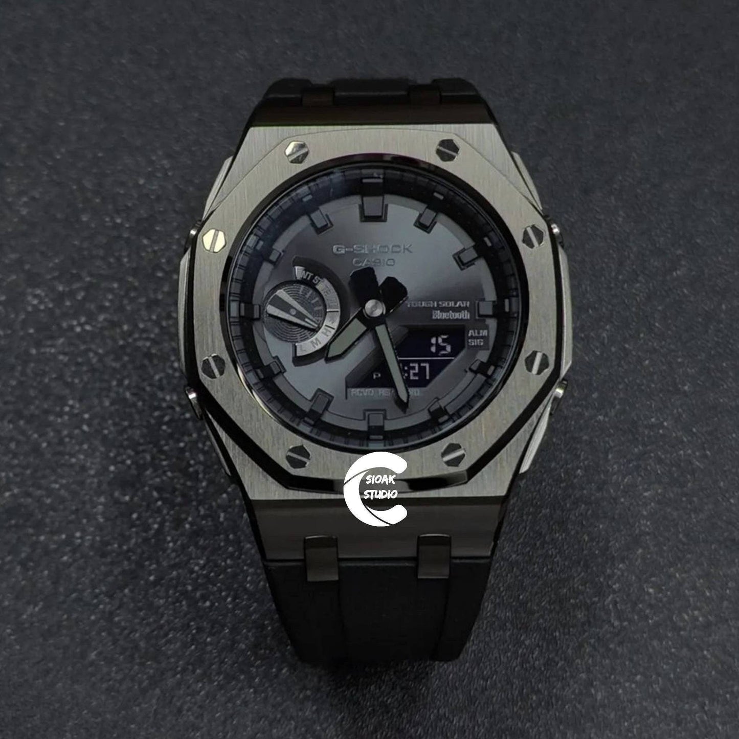 Casioak Mod Watch Solar Bluetooth Offshore Superior Black Case Black Rubber Strap Black Time Mark Black Dial 44mm- Casioak Mod Casio G-Shock Royal Oak Custom Mens Luxury Watches Ga2100