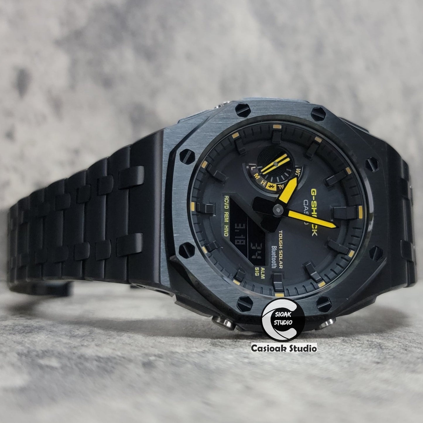 Casioak Mod Watch Solar Bluetooth Offshore Superior Black Case Metal Strap Black Time Mark Black Dial Yellow Hands 44mm- Casioak Mod Casio G-Shock Royal Oak Custom Mens Luxury Watches Ga2100