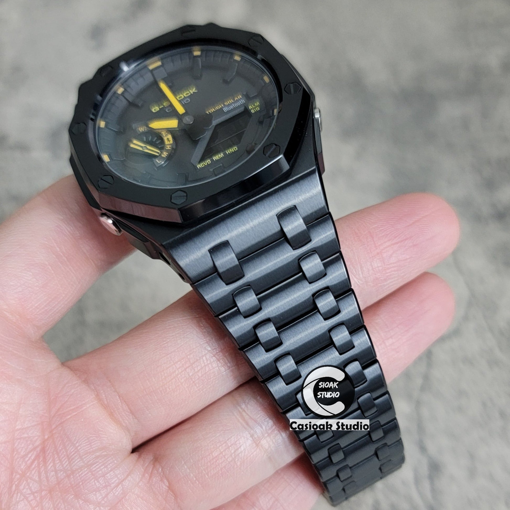 Casioak Mod Watch Solar Bluetooth Offshore Superior Black Case Metal Strap Black Time Mark Black Dial Yellow Hands 44mm- Casioak Mod Casio G-Shock Royal Oak Custom Mens Luxury Watches Ga2100