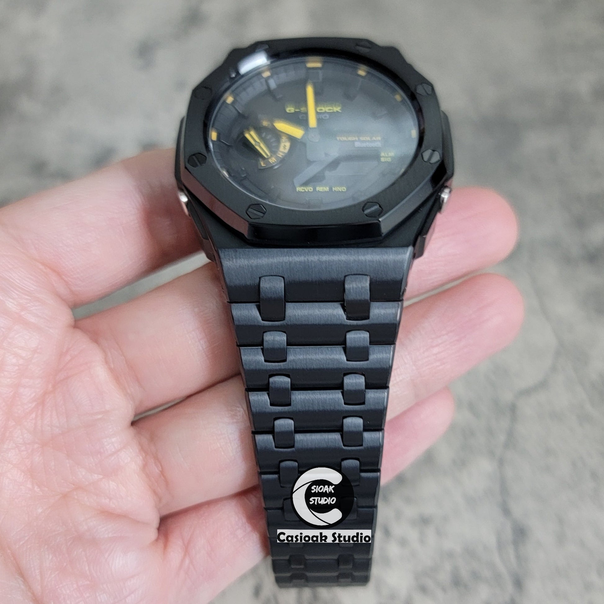 Casioak Mod Watch Solar Bluetooth Offshore Superior Black Case Metal Strap Black Time Mark Black Dial Yellow Hands 44mm- Casioak Mod Casio G-Shock Royal Oak Custom Mens Luxury Watches Ga2100