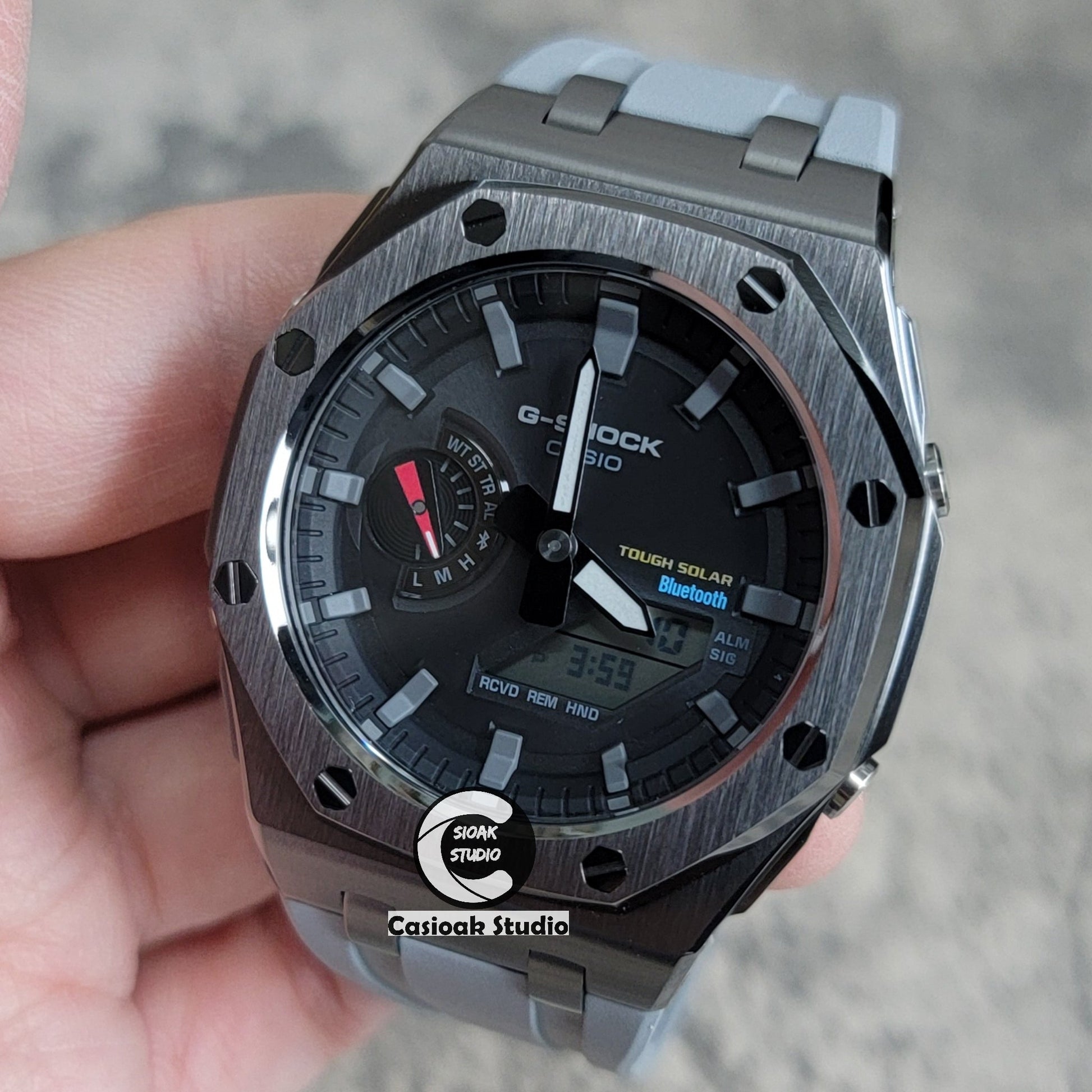 Casioak Mod Watch Solar Bluetooth Offshore Superior Case Gray Rubber Strap Black Gray Time Mark Black Dial 44mm- Casioak Mod Casio G-Shock Royal Oak Custom Mens Luxury Watches Ga2100