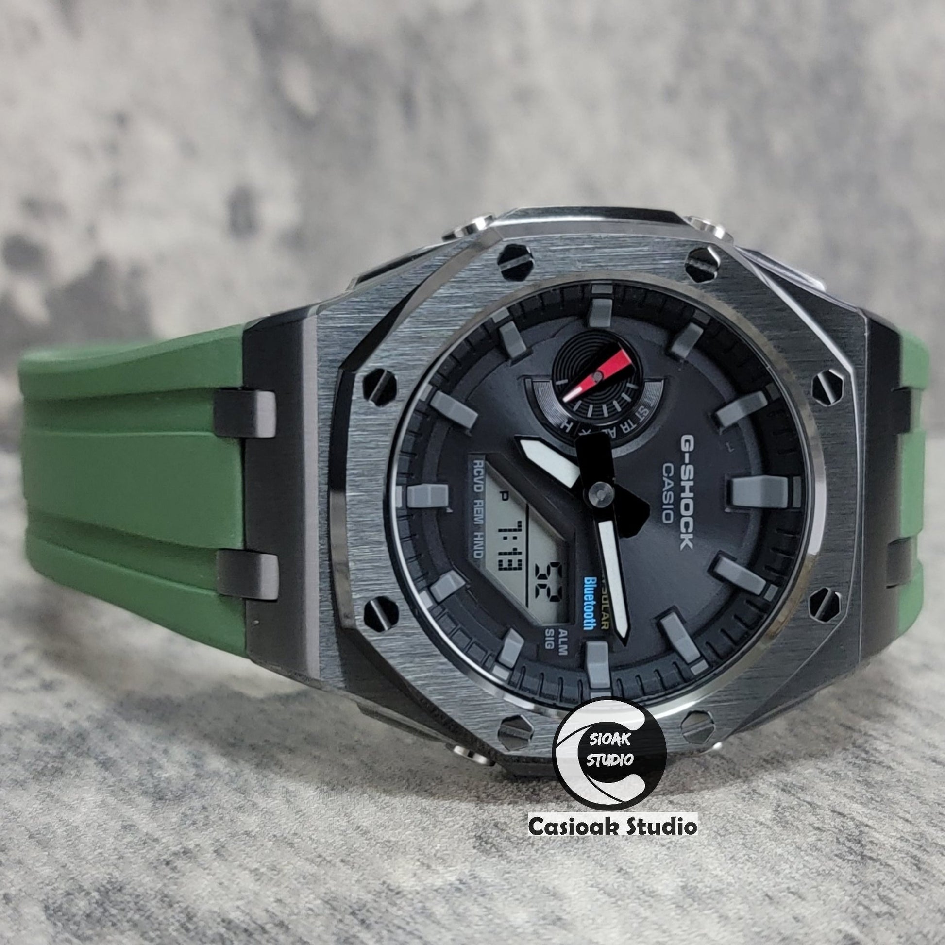 Casioak Mod Watch Solar Bluetooth Offshore Superior Case Green Rubber Strap Black Gray Time Mark Black Dial 44mm- Casioak Mod Casio G-Shock Royal Oak Custom Mens Luxury Watches Ga2100