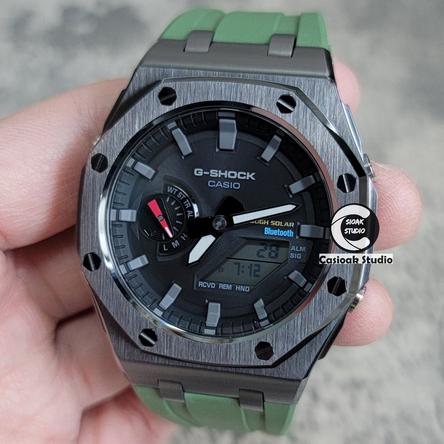 Casioak Mod Watch Solar Bluetooth Offshore Superior Case Green Rubber Strap Black Gray Time Mark Black Dial 44mm- Casioak Mod Casio G-Shock Royal Oak Custom Mens Luxury Watches Ga2100