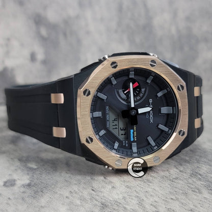 Casioak Mod Watch Solar Bluetooth Offshore Superior Rose Gold Black Case Black Rubber Strap Black Gray Time Mark Black Dial 44mm- Casioak Mod Casio G-Shock Royal Oak Custom Mens Luxury Watches Ga2100