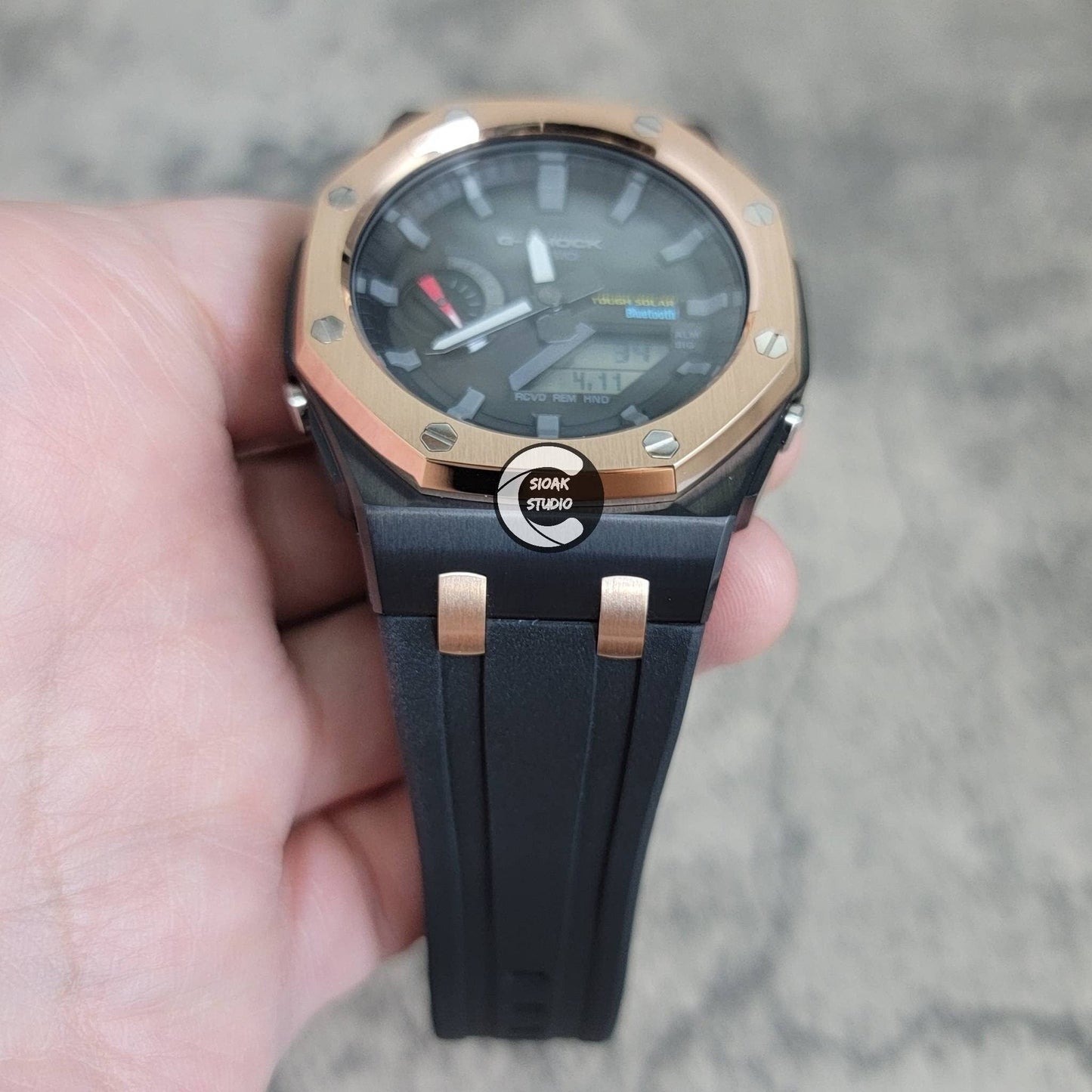 Casioak Mod Watch Solar Bluetooth Offshore Superior Rose Gold Black Case Black Rubber Strap Black Gray Time Mark Black Dial 44mm- Casioak Mod Casio G-Shock Royal Oak Custom Mens Luxury Watches Ga2100