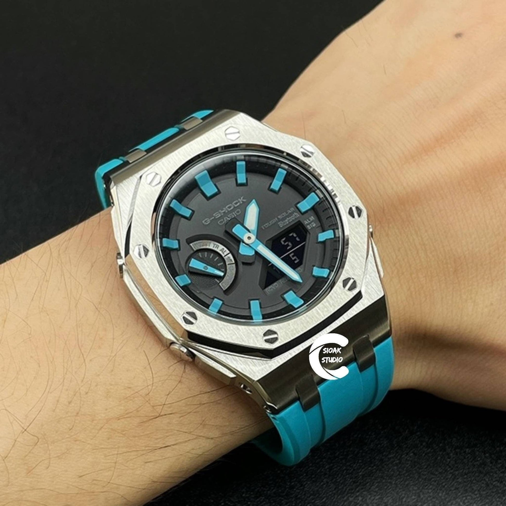 Casioak Mod Watch Solar Bluetooth Offshore Superior Silver Case Tiffany Rubber Strap Black Time Mark Black Dial 44mm - Casioak Studio