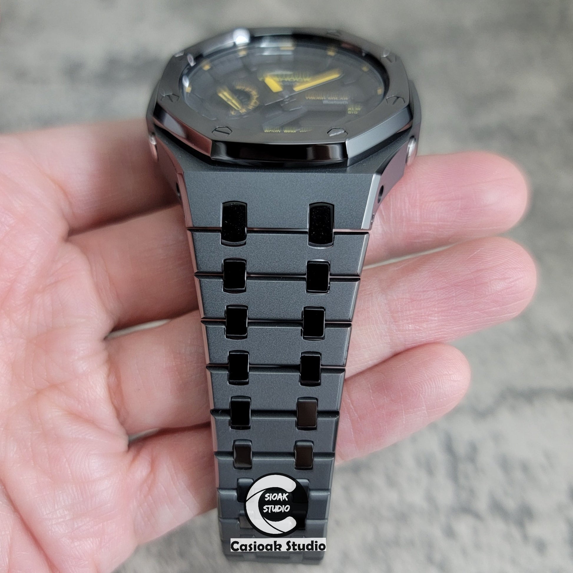 Casioak Mod Watch Solar Bluetooth Polished Gray Case Metal Strap Black Time Mark Black Dial 44mm- Casioak Mod Casio G-Shock Royal Oak Custom Mens Luxury Watches Ga2100