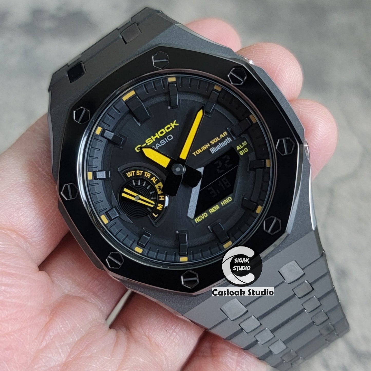 Casioak Mod Watch Solar Bluetooth Polished Gray Case Metal Strap Black Time Mark Black Dial 44mm- Casioak Mod Casio G-Shock Royal Oak Custom Mens Luxury Watches Ga2100